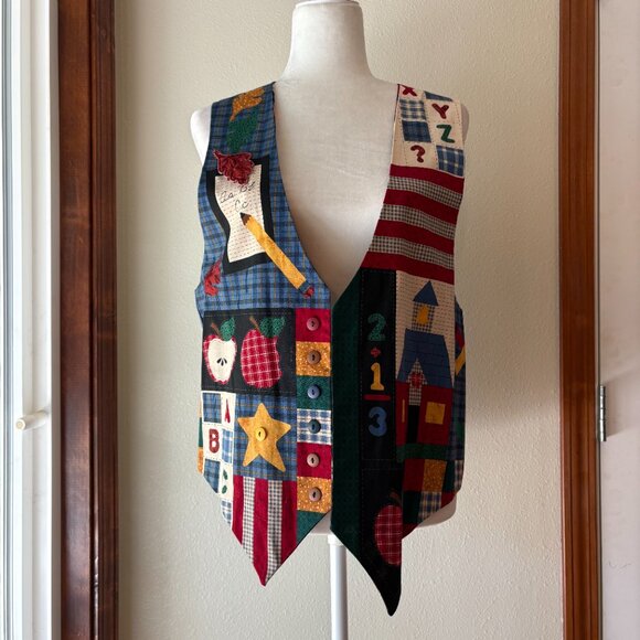 VTG 90s Handmade Reversible Teacher's Vest Fall Leaves Apples Cotton Size L - Picture 2 of 12